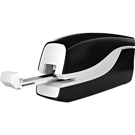 Black and white data capture device. A white arm is extended. Rounded shape with curved white decorative elements.