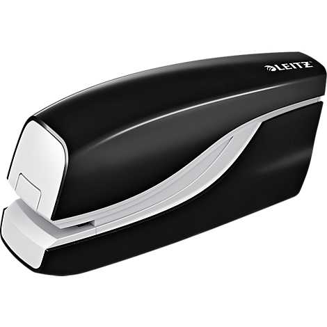 Black stapler of the Leitz brand. Top shiny, bottom white. The logo is visible on the top.