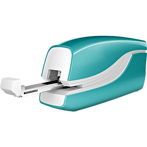Blue and white scanner. The scanner has an elongated shape with an opening and a retractable arm.
