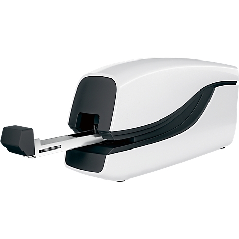 White, futuristic-looking device with a black contour. The long arm of the device protrudes.