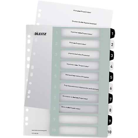 Registerblätter mit Beschriftung und Registeraufklebern mit Zahlen.
