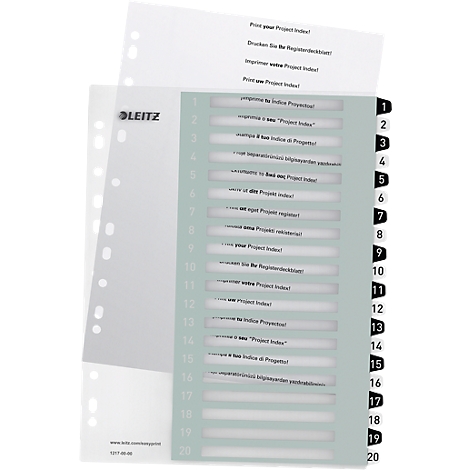 Registerblatt mit 20 Registern, transparenten Lochfolien, Leitz Logo und Textzeilen.