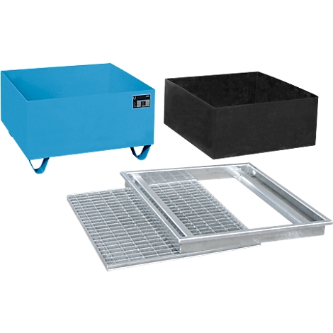 Diverse industriële containers van metaal en plastic. Een blauwe container met poten, een zwarte container en twee roosterroosters.