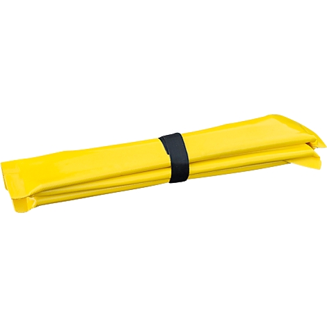 Geel, opgerold gereedschap met een zwarte rubberen band. Het oppervlak is glad.