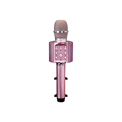 Rosa Karaoke-Mikrofon mit eingebautem Lautsprecher und Bedienelementen vor weißem Hintergrund.