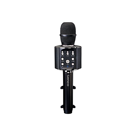 Schwarzes Lenco Karaoke-Mikrofon mit integrierten Bedienelementen und Lautsprecher auf weißem Hintergrund.