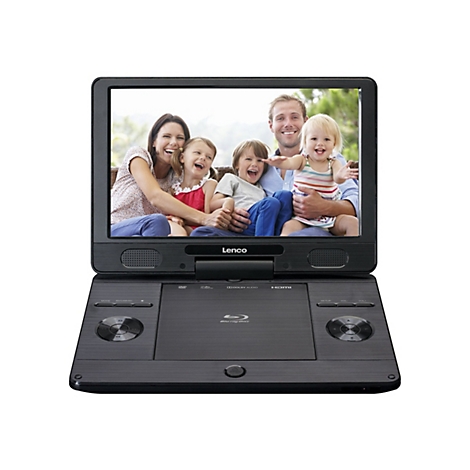 Tragbarer Lenco Blu-ray-Player zeigt eine glückliche Familie auf dem Bildschirm.