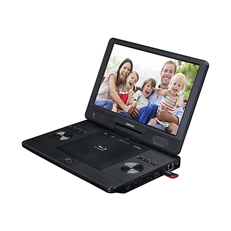 Tragbarer Lenco Blu-ray Player mit aufgeklapptem Bildschirm, der eine glückliche Familie zeigt.
