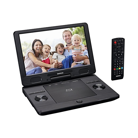Tragbarer Lenco Blu-ray-Player in Schwarz mit Display, das eine glückliche Familie zeigt, und Fernbedienung.