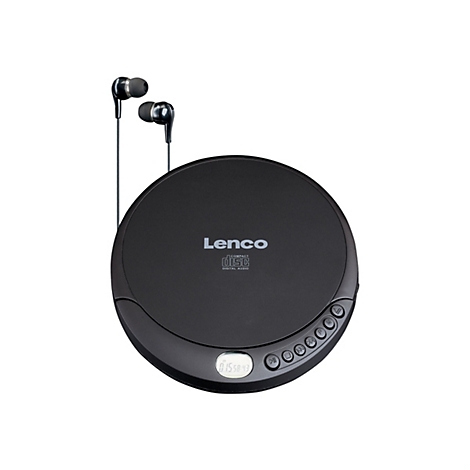 Schwarzer, runder Lenco CD-Player mit Kopfhörern und Bedienknöpfen auf weißem Hintergrund.