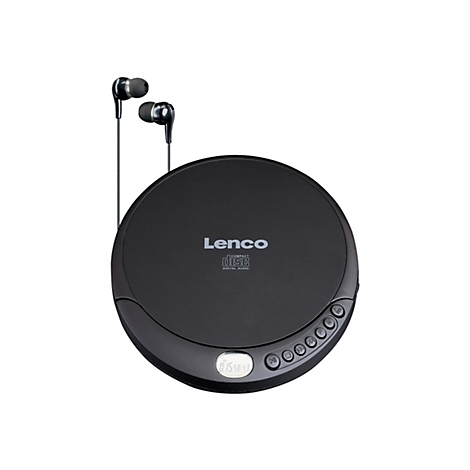 Schwarzer Lenco CD-Player mit Kopfhörern und kleinem Display vor weißem Hintergrund.