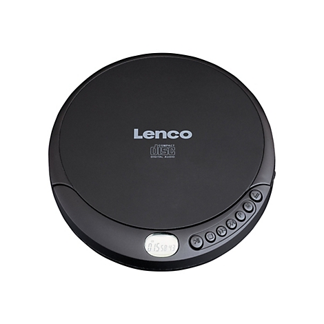 Schwarzer, runder tragbarer CD-Player von Lenco mit LCD-Display und Bedienknöpfen auf weißem Hintergrund.