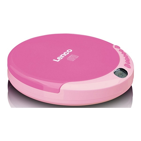 Runder, rosa Lenco CD-Player mit weißem Logo und kleinem LCD-Display auf weißem Hintergrund.