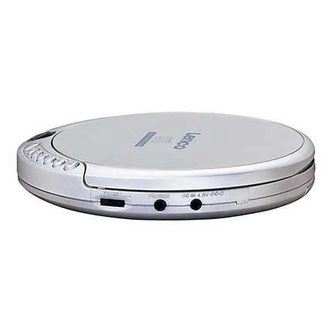 Silberner, runder tragbarer CD-Player der Marke Lenco vor weißem Hintergrund mit seitlichem Lautstärkeregler.