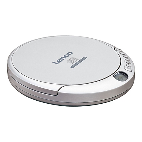 Silberner, runder tragbarer Lenco CD-Player mit Tasten an der Seite und digitaler Anzeige auf weißem Hintergrund.