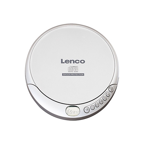 Silberner, runder Lenco CD-Player mit Digitalanzeige und Tastenbedienung auf weißem Grund.
