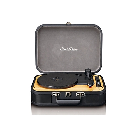 Koffer-Plattenspieler im Vintage-Design mit Holzoptik, schwarzem Gehäuse und 'Classic Phono' Schriftzug.