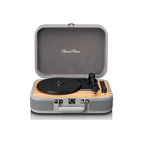 Koffer-Plattenspieler in Grau mit Holzeinlage und Classic Phono Schriftzug im geöffneten Zustand.