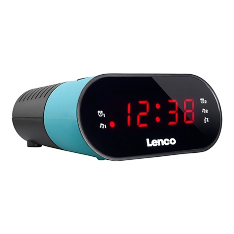Türkis-schwarzer Lenco Radiowecker mit roter Digitalanzeige 12:38 auf schwarzem Display.