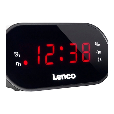 Digitaler Lenco Radiowecker mit roter LED-Anzeige zeigt 12:38 Uhr vor schwarzem Hintergrund.