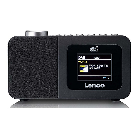 Schwarzes Lenco DAB+ Digitalradio vor weißem Hintergrund mit leuchtendem Display und Lautsprechergitter.
