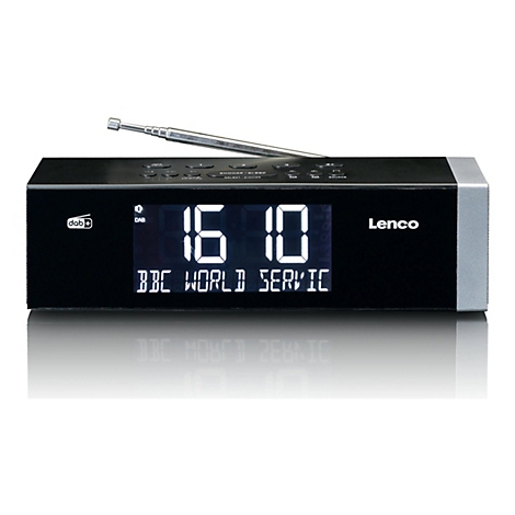 Schwarzes Lenco Digitalradio mit DAB+ Empfang und beleuchteter Digitalanzeige zeigt 16:10 Uhr und BBC World Service.