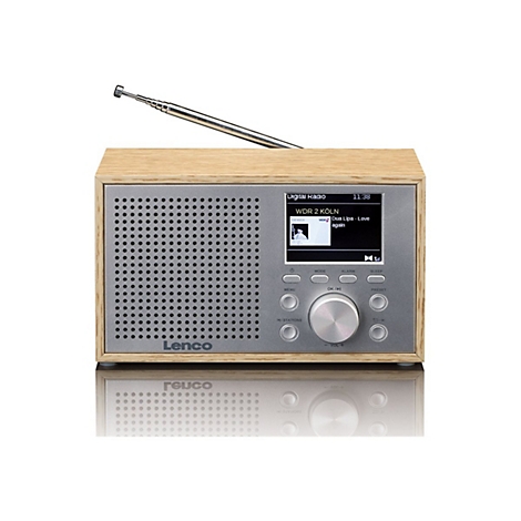 Digitalradio im Holzgehäuse mit Teleskopantenne, Lautsprechergitter, Display und Bedienelementen.