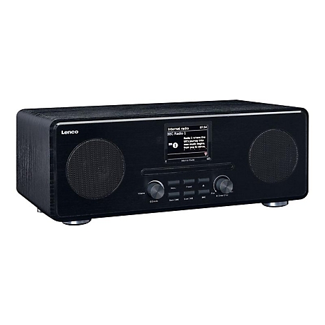 Schwarzes Lenco-Internetradio mit Lautsprechern, Display und Knöpfen. Auf dem Display steht "Internet radio BBC Radio 1".