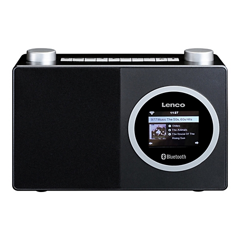 Schwarzes Lenco Digitalradio mit Lautsprechergitter und rundem Display vor weißem Hintergrund.