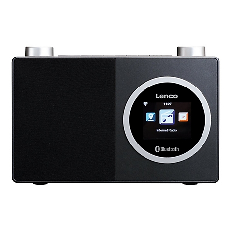Schwarzes Lenco Internetradio, mit Display, LautstÃ¤rkeregler, Bluetooth und Touchscreen.