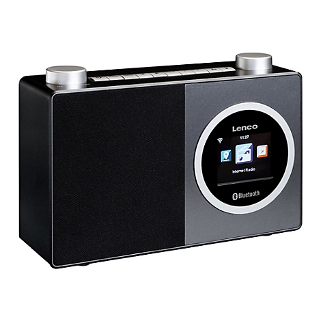 Schwarzes Digitalradio mit silbernen KnÃ¶pfen, Display mit Logo und Bluetooth-Symbol.