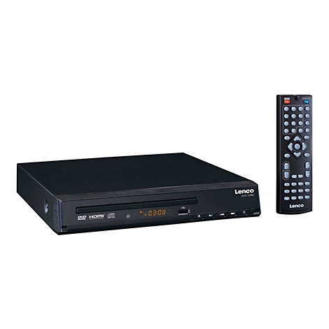 Schwarzer Lenco DVD-Player mit Fernbedienung vor weißem Hintergrund.