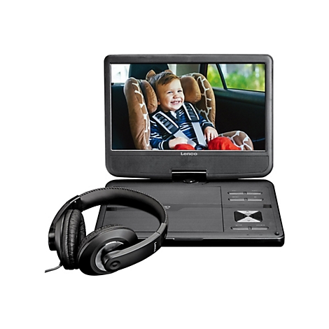 Tragbarer Lenco DVD-Player mit Bildschirm und Kopfhörer. Auf dem Display ist ein lachendes Kind im Kindersitz zu sehen.