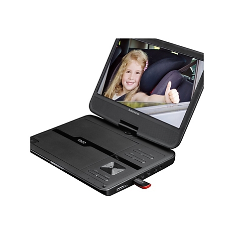 Schwarzer tragbarer DVD-Player von Lenco mit Bildschirm zeigt ein lächelndes Kind im Auto.