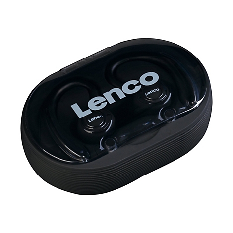 Schwarze kabellose OhrhÃ¶rer in einer schwarzen Ladebox. Auf der Box und den OhrhÃ¶rern ist der Schriftzug Lenco zu sehen.