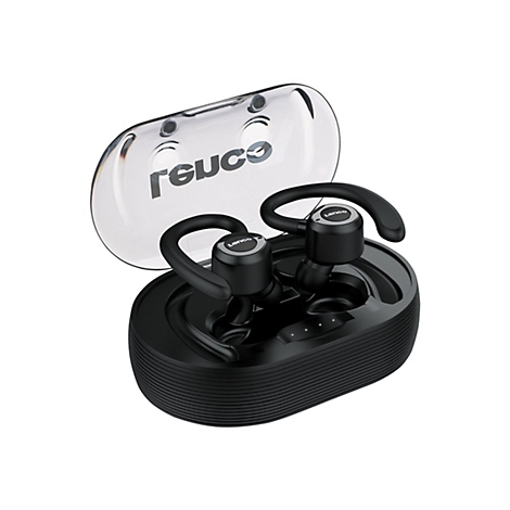 Schwarze kabellose OhrhÃ¶rer mit Ladecase, transparente Abdeckung. Der Name 'reuce' steht auf dem Case.