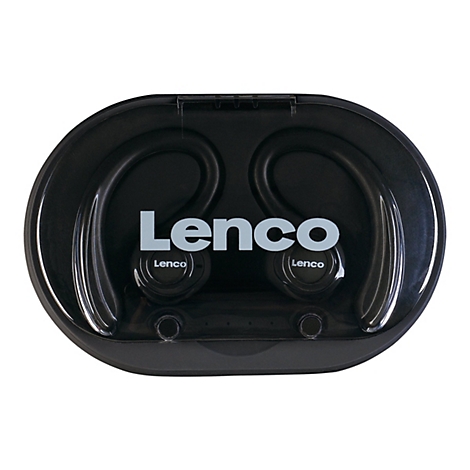 Schwarze Lenco-KopfhÃ¶rer in ovaler Ladebox. Auf dem Deckel steht in GroÃŸbuchstaben Lenco.