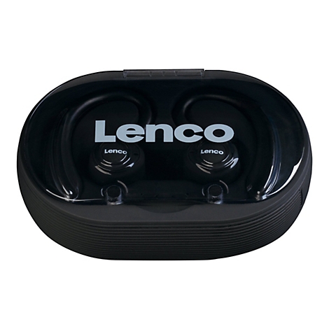 Schwarze Lenco-KopfhÃ¶rer in einer Ladeschale. Auf der Schale steht groÃŸ Lenco. Beide OhrhÃ¶rer liegen in der Schale.
