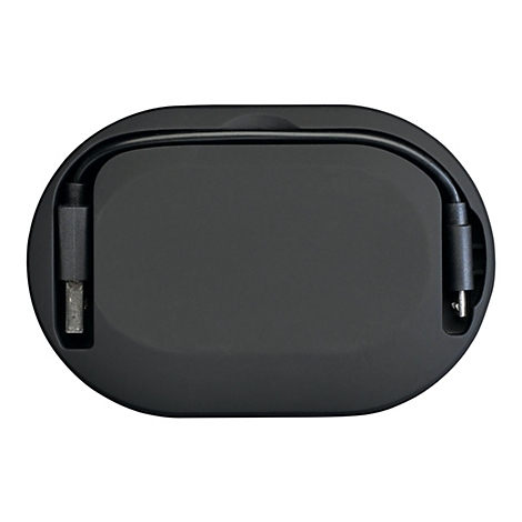 Schwarzes, ovales GehÃ¤use mit USB-Kabel. Kabel liegt darin, AnschlÃ¼sse sichtbar.