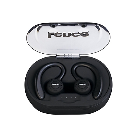 Schwarze Lenco-KopfhÃ¶rer in einer schwarzen Ladebox, Deckel offen, Markenschriftzug. Die OhrenbÃ¼gel sind zu sehen.