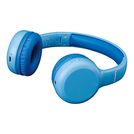 Hellblaues Bluetooth-Kopfhörer-Set. Die Ohrmuscheln sind gepolstert, mit hellblauem Gehäuse. Auf dem Kopfband steht "Lenco".