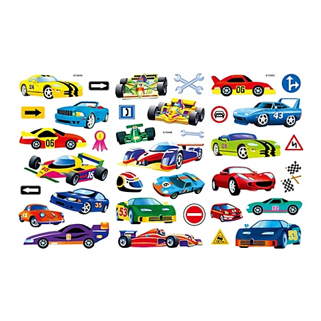 Eine Collage von Spielzeugautos und Verkehrszeichen, in verschiedenen Farben, Formen und Designs.