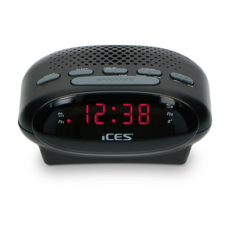 Schwarzer digitaler Radiowecker von ICES mit roter Zeitanzeige 12:38 auf weißem Hintergrund.