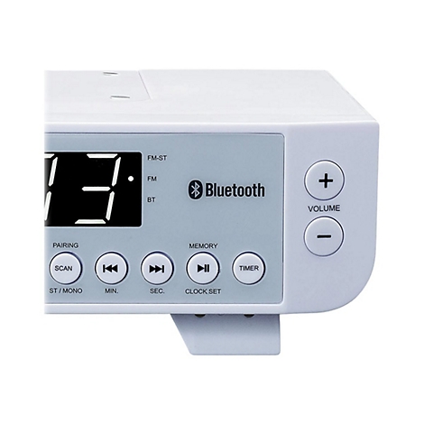 Nahaufnahme der Bedienoberfläche eines weißen Radios mit Bluetooth-Logo und Tasten für Lautstärke, Scan und Timer.