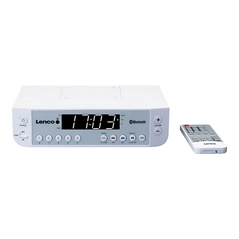 Weißes Lenco Unterbau-Küchenradio mit Digitalanzeige, Tasten und kleiner Fernbedienung vor weißem Hintergrund.