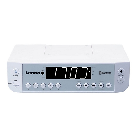Weißes Lenco Unterbauradio mit digitaler Uhranzeige 17:03 Uhr, Bluetooth-Symbol und zahlreichen Bedientasten.