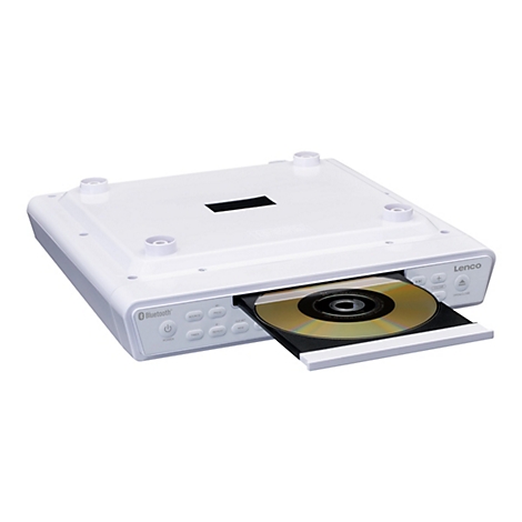 Ein weißer CD-Player mit herausgezogener CD-Lade. Knöpfe mit Aufschriften wie Bluetooth, Power und Volume sind zu sehen.