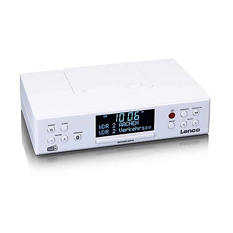 Weißes Lenco-Küchenradio mit digitalem Display, das Uhrzeit und Sender WDR 2 anzeigt, vor weißem Hintergrund.