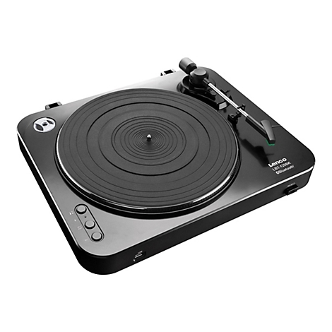 Schwarzer Lenco LBT-120BK Plattenspieler mit Bluetooth vor weißem Hintergrund.