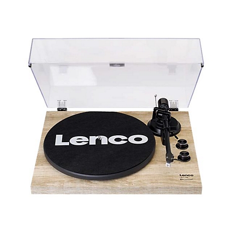 Lenco LBT-188 Plattenspieler mit Holzoptik, schwarzem Plattenteller und transparenter Staubschutzhaube.
